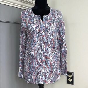 J. Jill Women XS Top Paisley Floral Pintuck Cotton Peasant Blouse Blue White Red